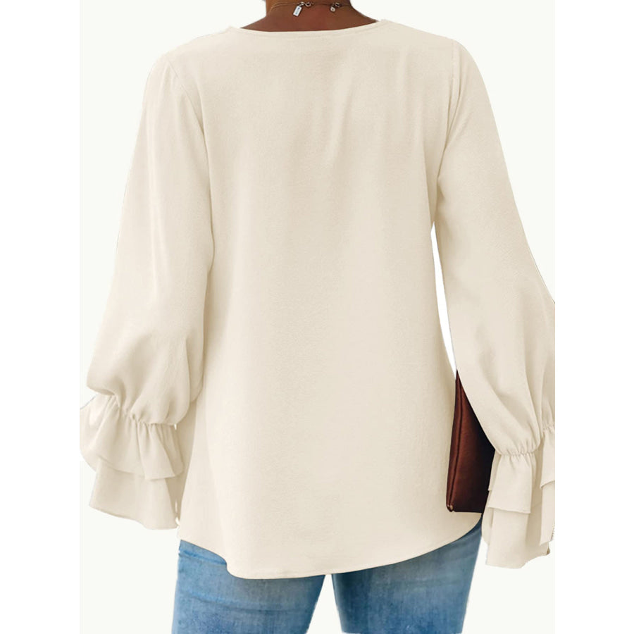 Round Neck Double-Layered Flounce Sleeve Top Apparel and Accessories