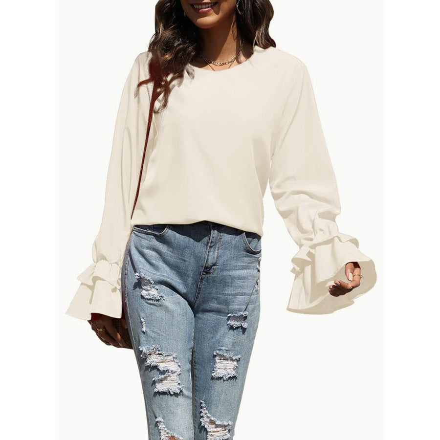 Round Neck Double-Layered Flounce Sleeve Top Apparel and Accessories