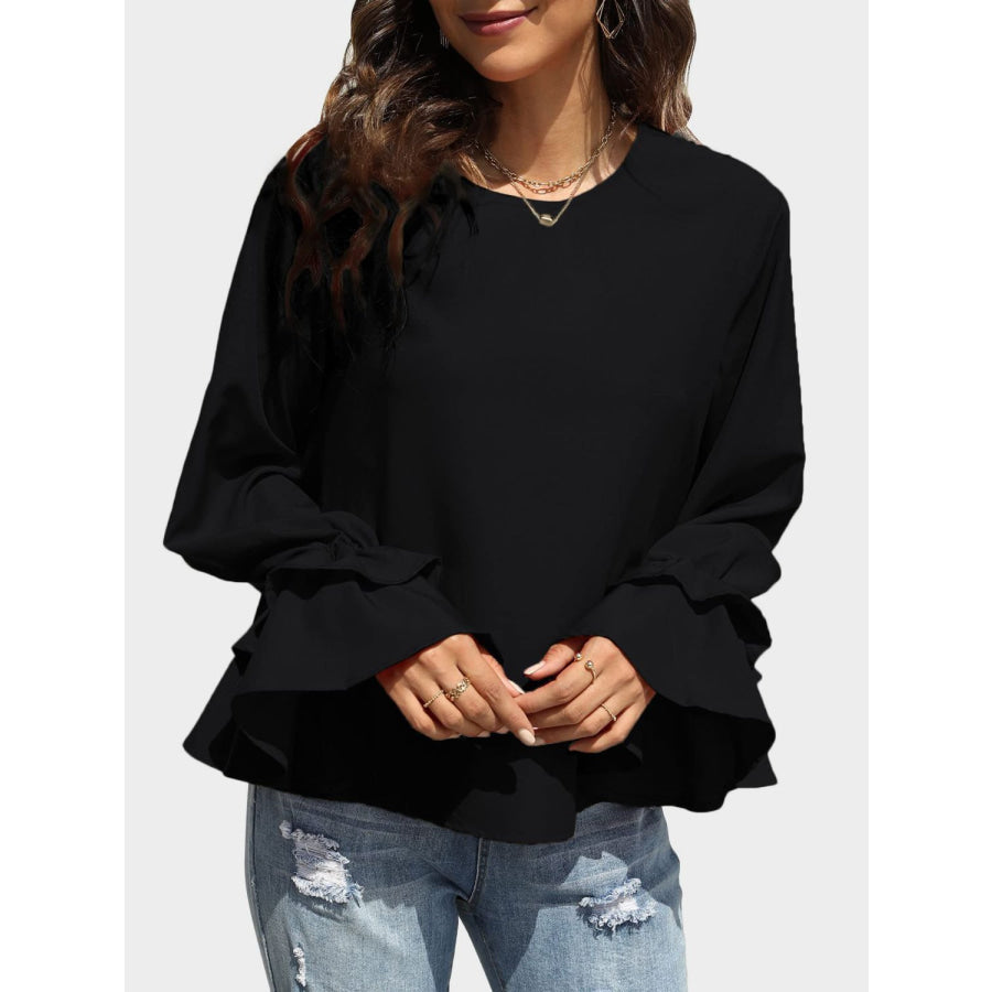 Round Neck Double-Layered Flounce Sleeve Top Apparel and Accessories