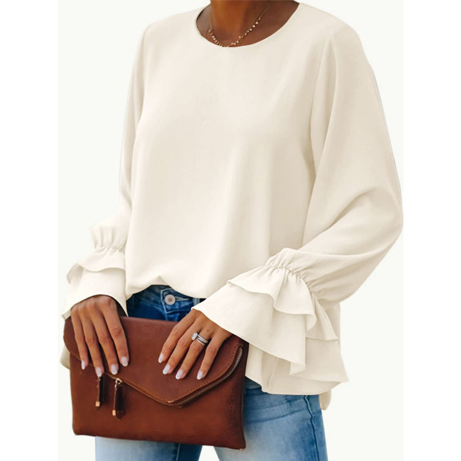 Round Neck Double-Layered Flounce Sleeve Top Apparel and Accessories