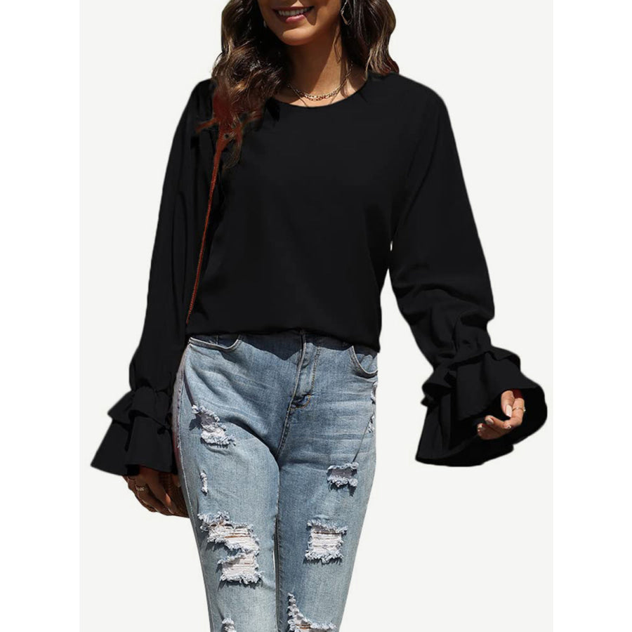 Round Neck Double-Layered Flounce Sleeve Top Apparel and Accessories