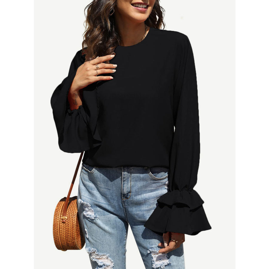 Round Neck Double-Layered Flounce Sleeve Top Apparel and Accessories