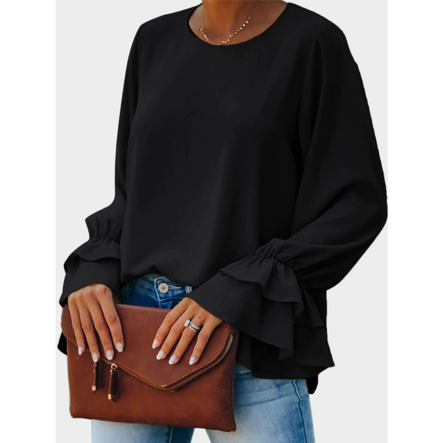 Round Neck Double-Layered Flounce Sleeve Top Black / S Apparel and Accessories