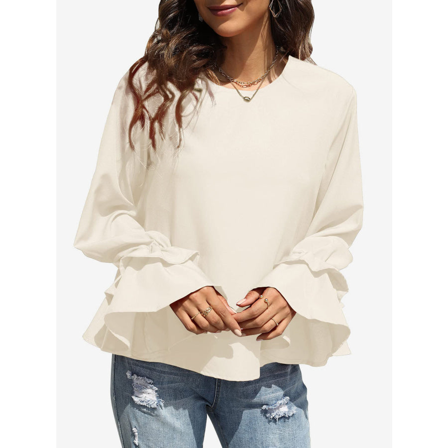 Round Neck Double-Layered Flounce Sleeve Top Ivory / S Apparel and Accessories