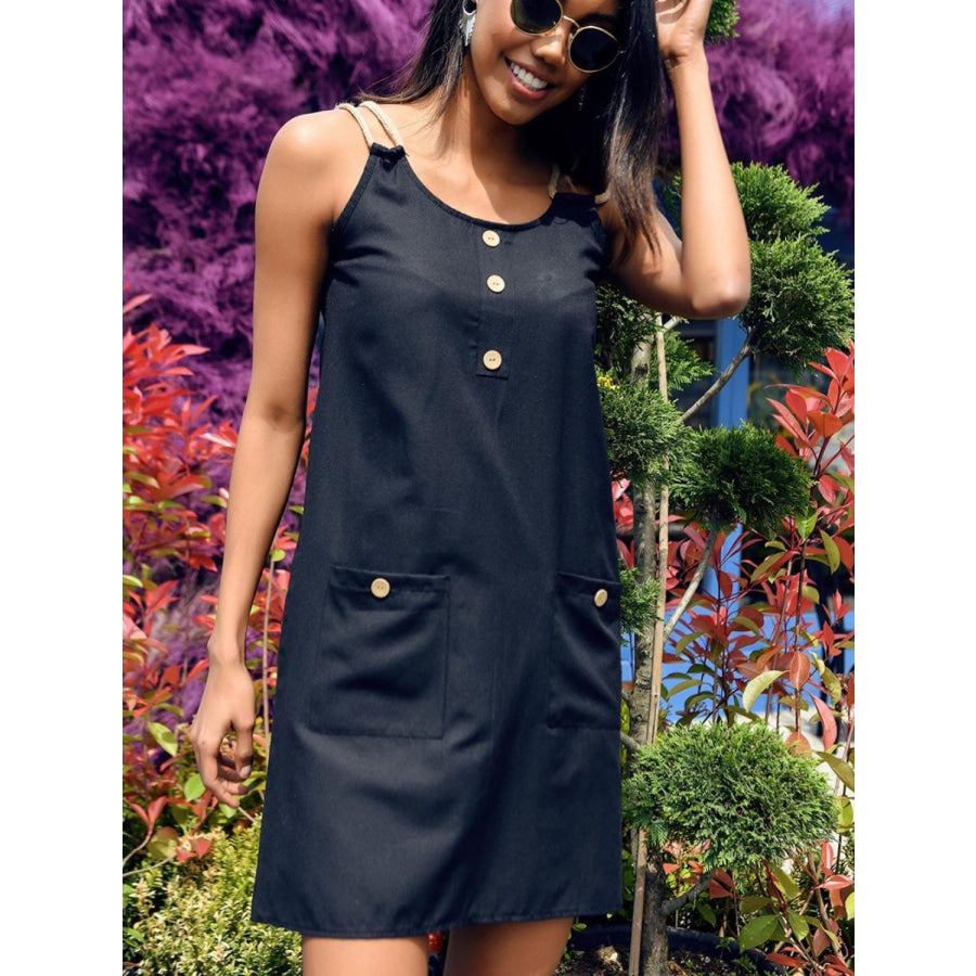 Round Neck Double Spaghetti Straps Mini Dress Black / S Apparel and Accessories