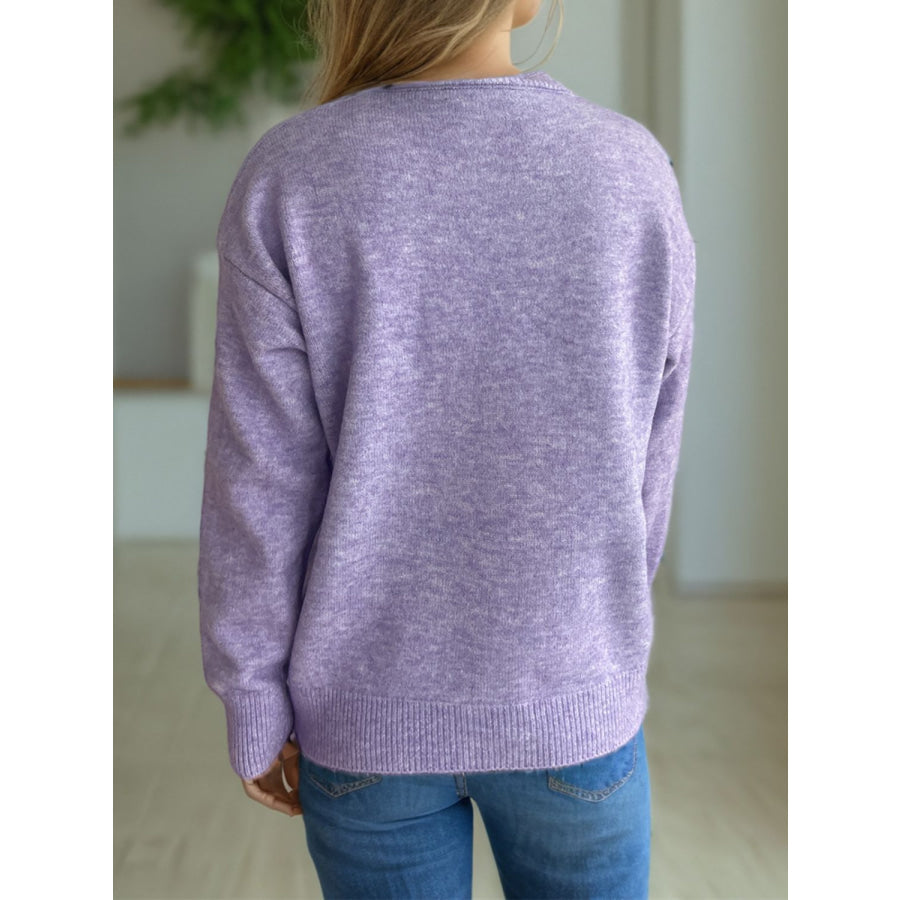 Round Neck Drop Shoulder Long Sleeve Sweater Apparel and Accessories