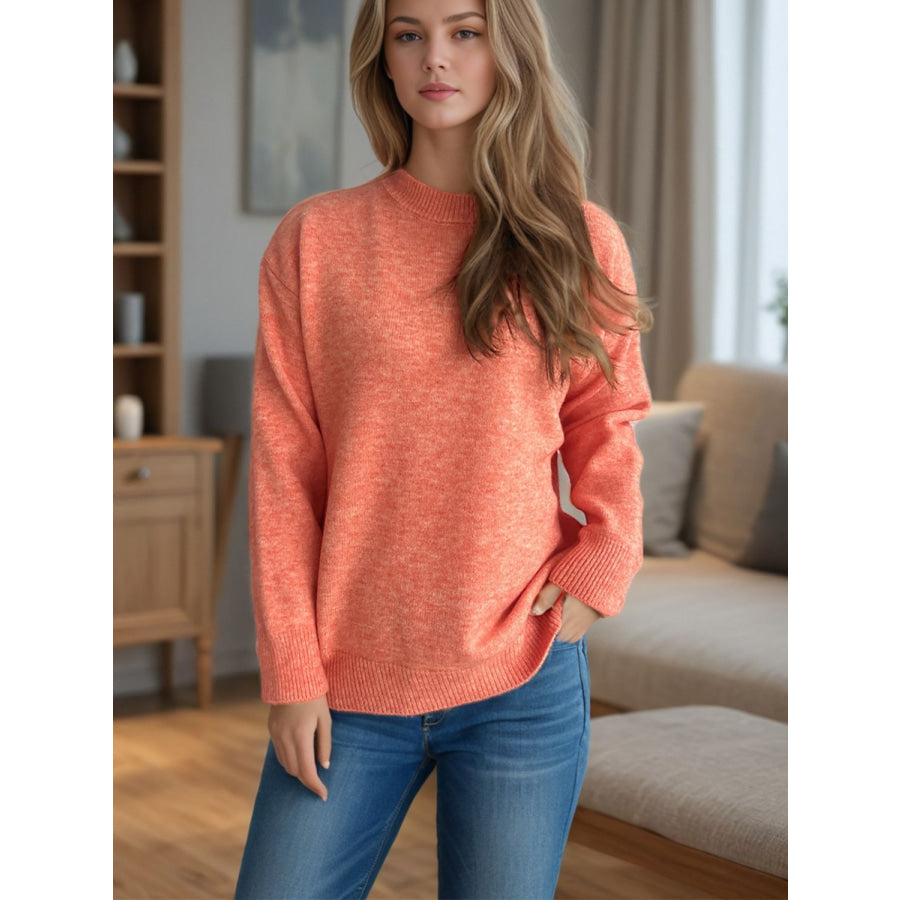 Round Neck Drop Shoulder Long Sleeve Sweater Apparel and Accessories