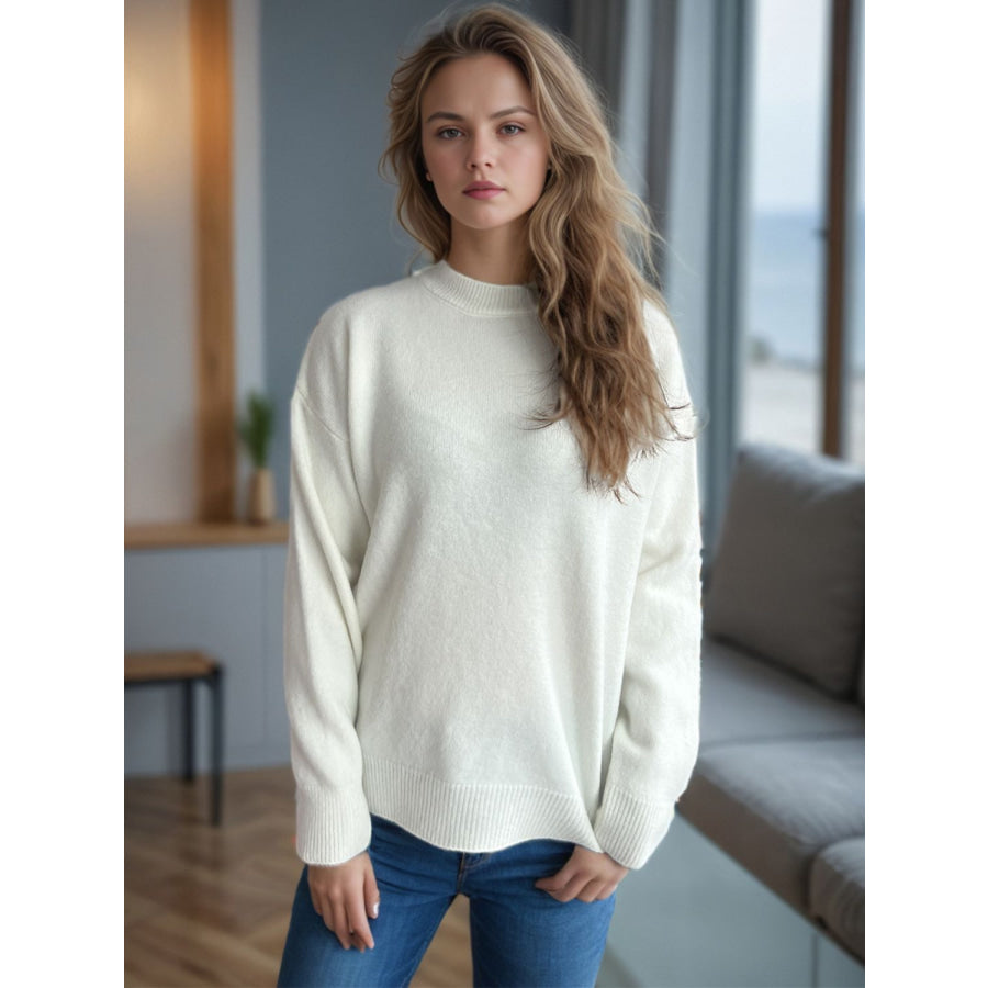 Round Neck Drop Shoulder Long Sleeve Sweater Apparel and Accessories