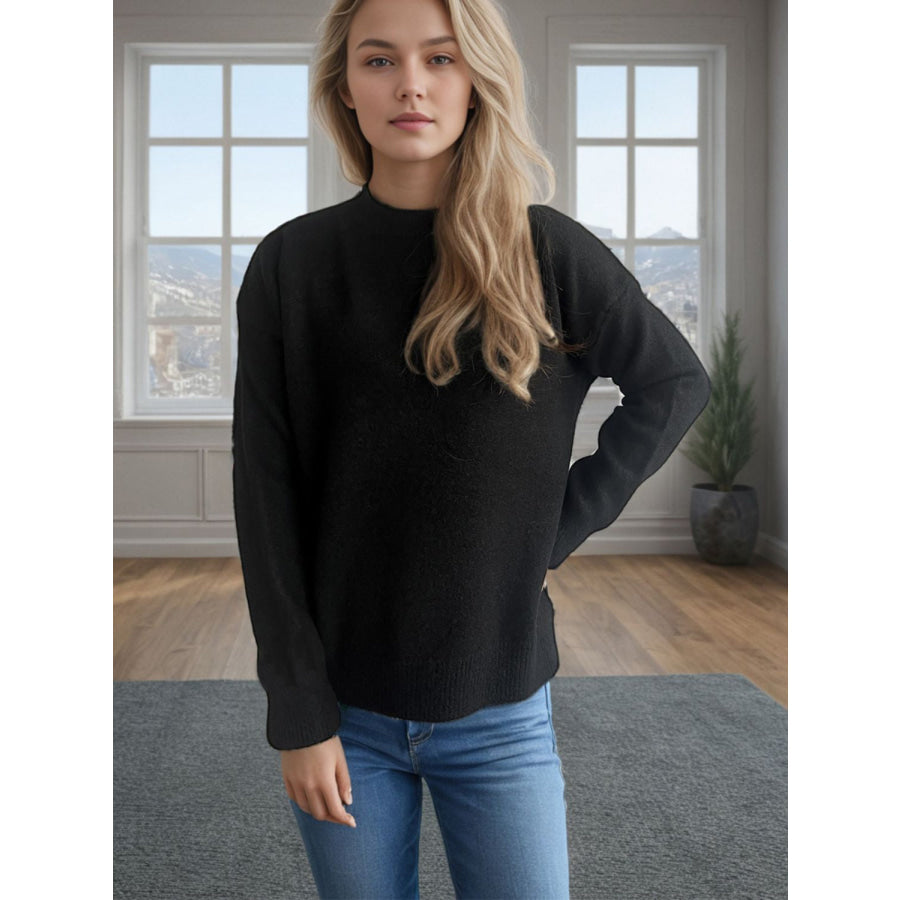 Round Neck Drop Shoulder Long Sleeve Sweater Apparel and Accessories