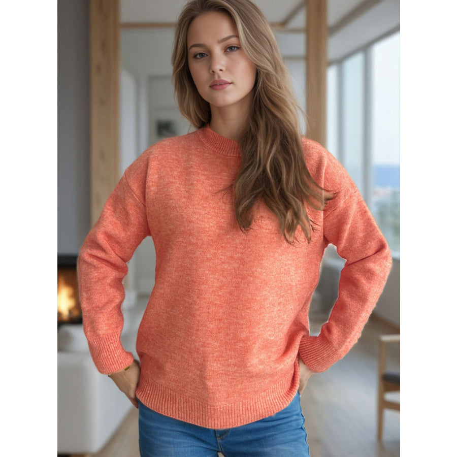 Round Neck Drop Shoulder Long Sleeve Sweater Apparel and Accessories