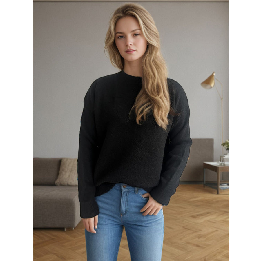 Round Neck Drop Shoulder Long Sleeve Sweater Apparel and Accessories