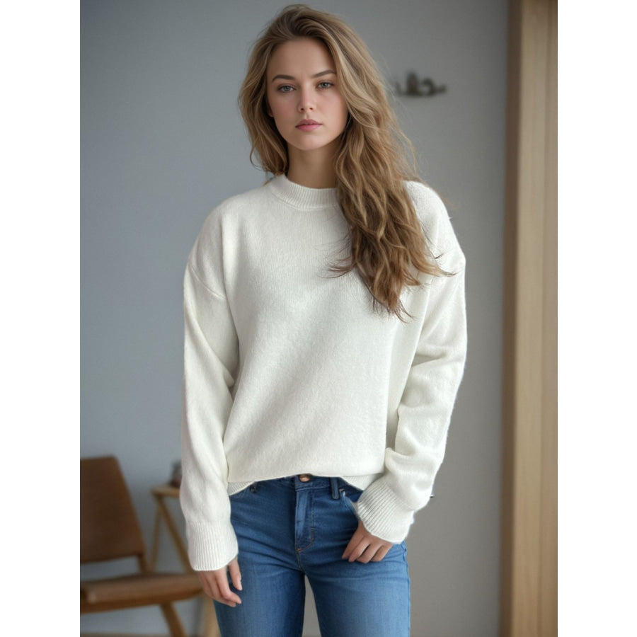 Round Neck Drop Shoulder Long Sleeve Sweater Apparel and Accessories