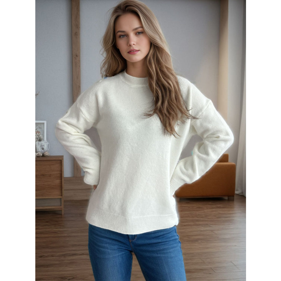 Round Neck Drop Shoulder Long Sleeve Sweater Apparel and Accessories