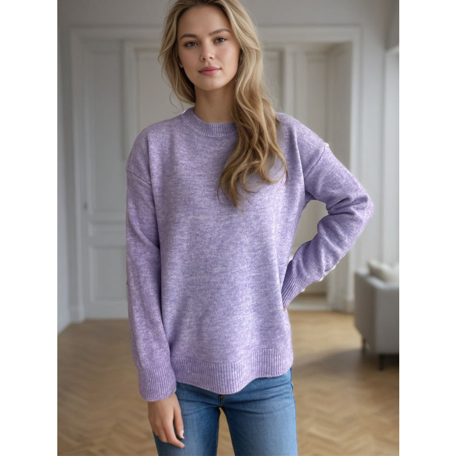 Round Neck Drop Shoulder Long Sleeve Sweater Apparel and Accessories