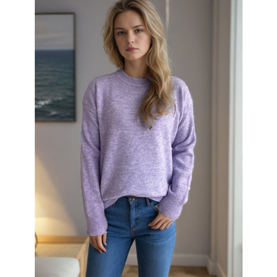 Round Neck Drop Shoulder Long Sleeve Sweater Apparel and Accessories