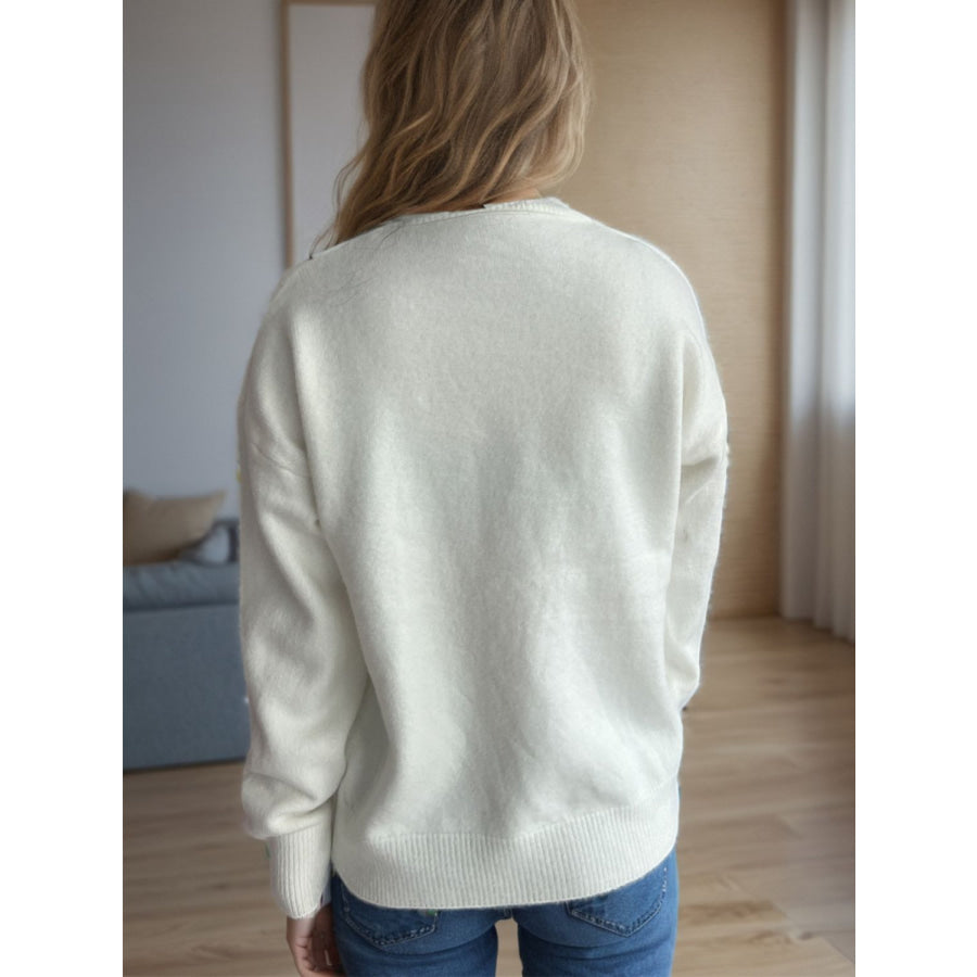 Round Neck Drop Shoulder Long Sleeve Sweater Apparel and Accessories