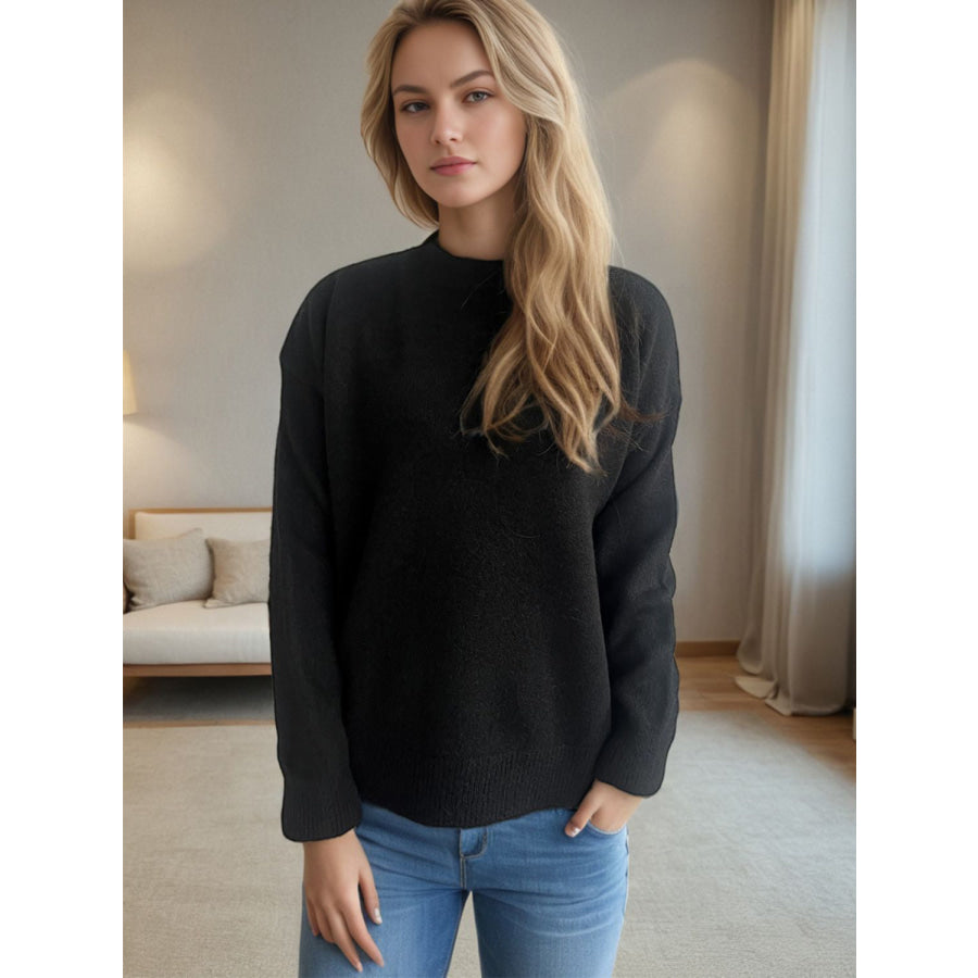 Round Neck Drop Shoulder Long Sleeve Sweater Black / One Size Apparel and Accessories