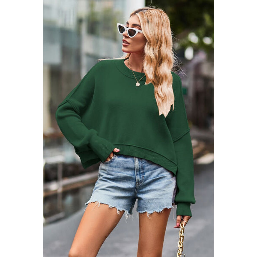 Round Neck Drop Shoulder Long Sleeve Sweater Clothing