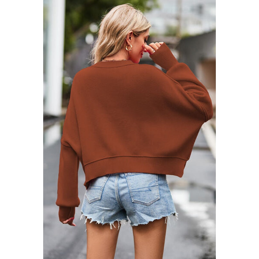 Round Neck Drop Shoulder Long Sleeve Sweater Clothing