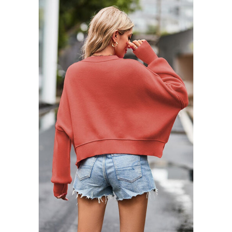 Round Neck Drop Shoulder Long Sleeve Sweater Clothing