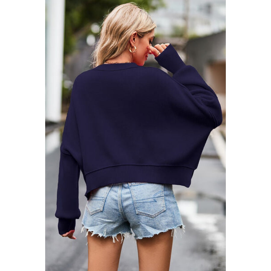 Round Neck Drop Shoulder Long Sleeve Sweater Clothing