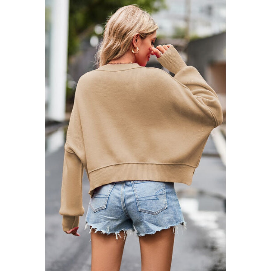 Round Neck Drop Shoulder Long Sleeve Sweater Clothing