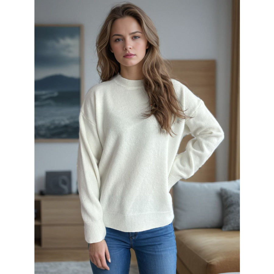 Round Neck Drop Shoulder Long Sleeve Sweater Cream / One Size Apparel and Accessories