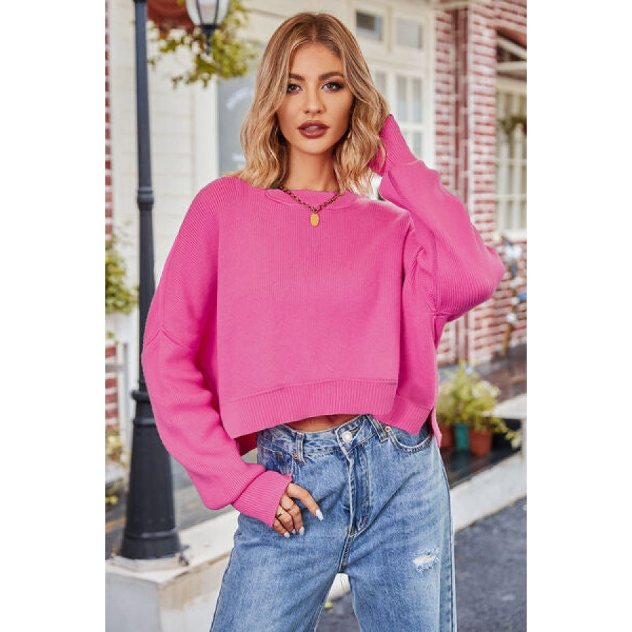 Round Neck Drop Shoulder Long Sleeve Sweater Fuchsia Pink / S Clothing