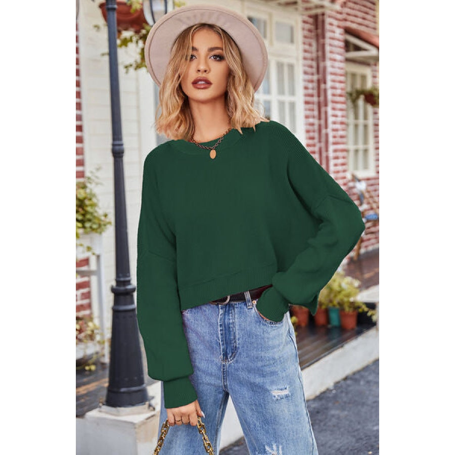 Round Neck Drop Shoulder Long Sleeve Sweater Green / S Clothing