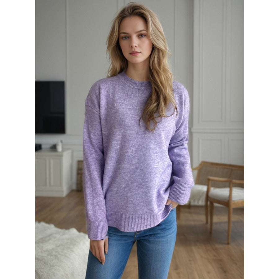 Round Neck Drop Shoulder Long Sleeve Sweater Lavender / One Size Apparel and Accessories