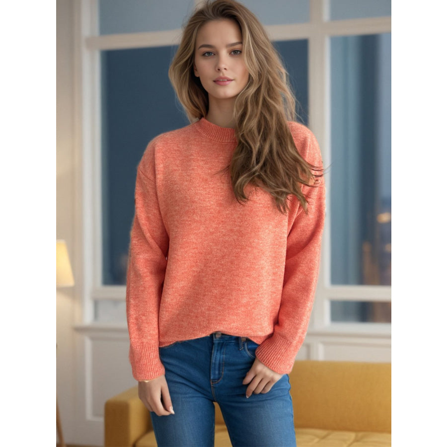 Round Neck Drop Shoulder Long Sleeve Sweater Orange / One Size Apparel and Accessories