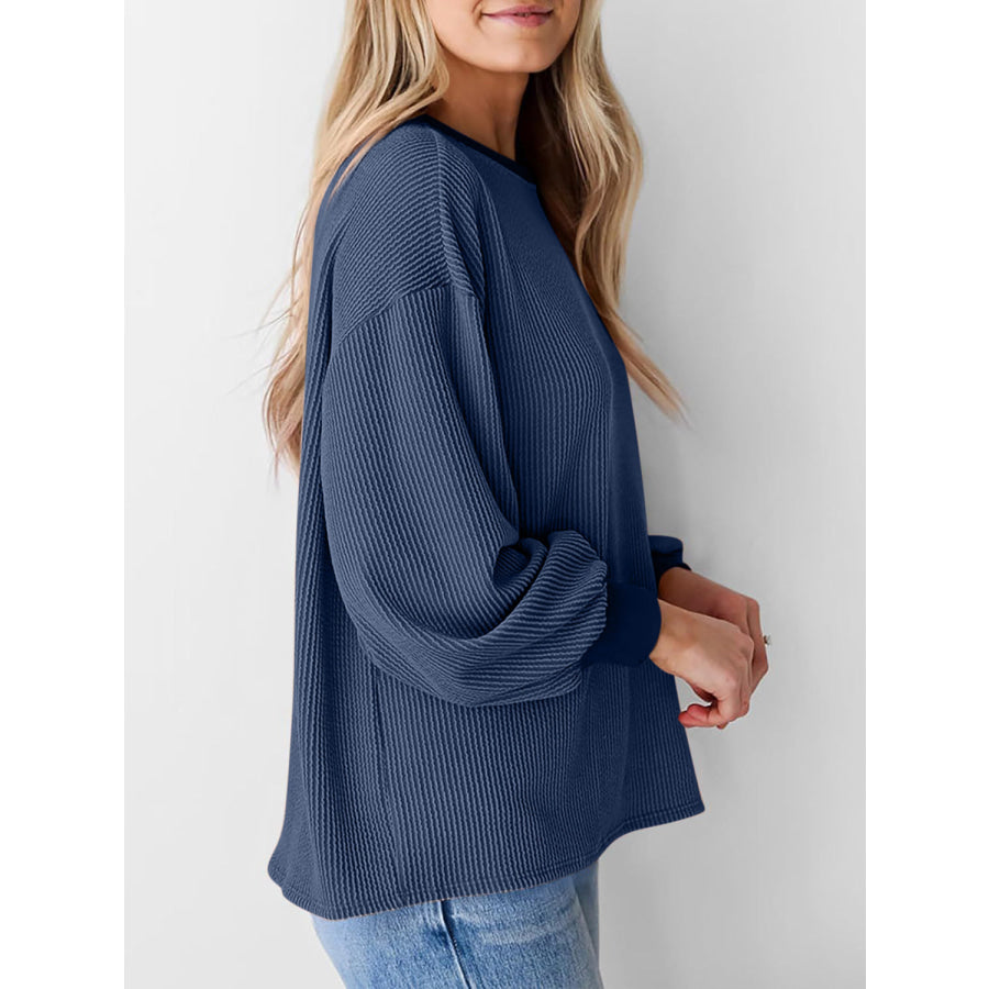 Round Neck Drop Shoulder Long Sleeve Sweatshirt Apparel and Accessories