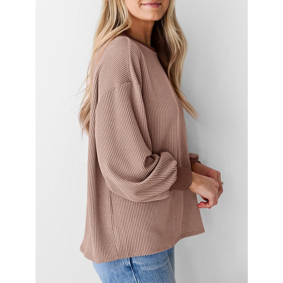 Round Neck Drop Shoulder Long Sleeve Sweatshirt Apparel and Accessories