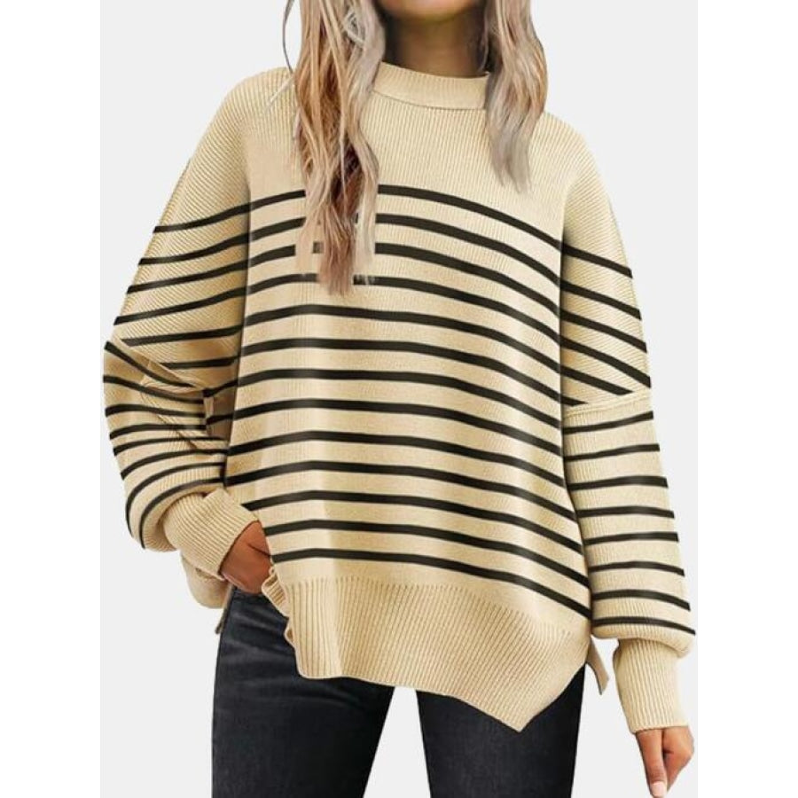 Round Neck Drop Shoulder Slit Sweater Apricot/Black / S