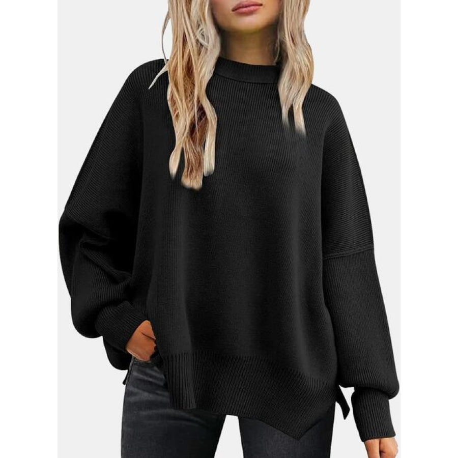 Round Neck Drop Shoulder Slit Sweater Black / S