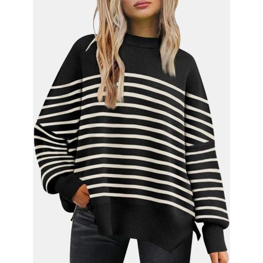 Round Neck Drop Shoulder Slit Sweater Black/White / S