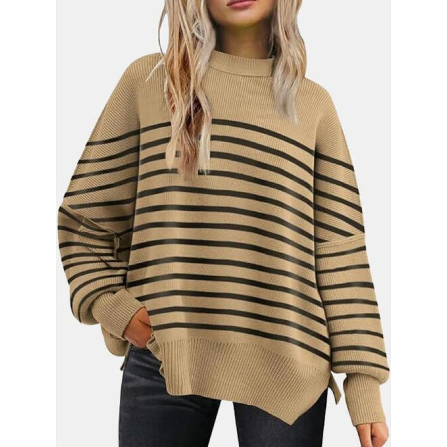 Round Neck Drop Shoulder Slit Sweater Camel / S