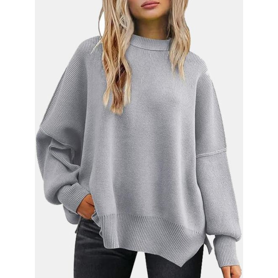 Round Neck Drop Shoulder Slit Sweater Charcoal / S