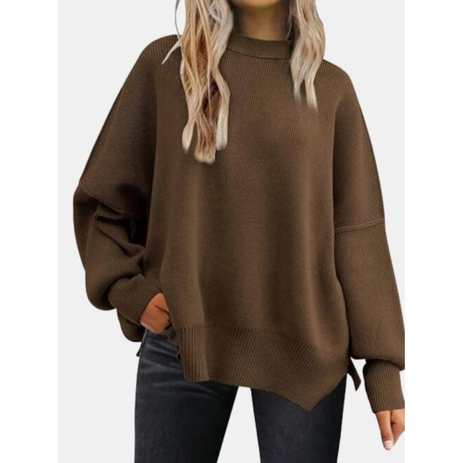 Round Neck Drop Shoulder Slit Sweater Chocolate / S