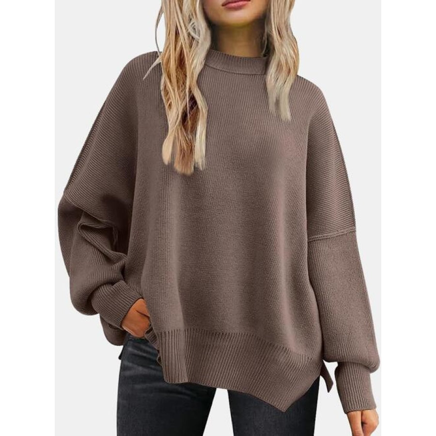 Round Neck Drop Shoulder Slit Sweater Coffee Brown / S