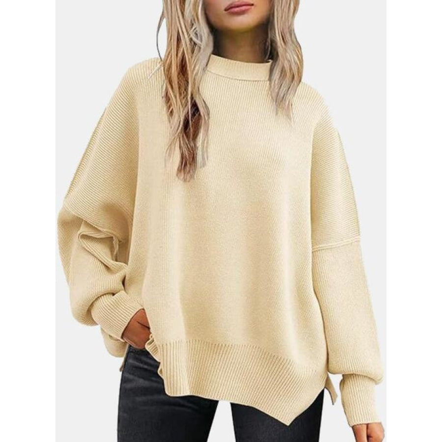 Round Neck Drop Shoulder Slit Sweater Ivory / S