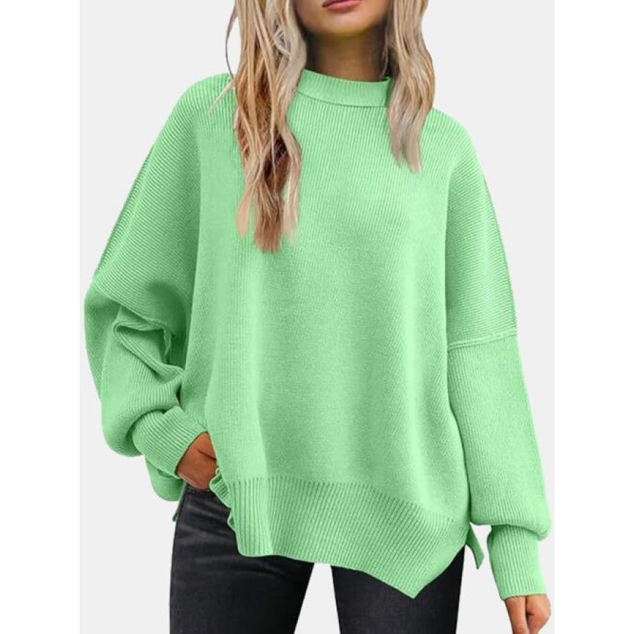 Round Neck Drop Shoulder Slit Sweater Mint Green / S