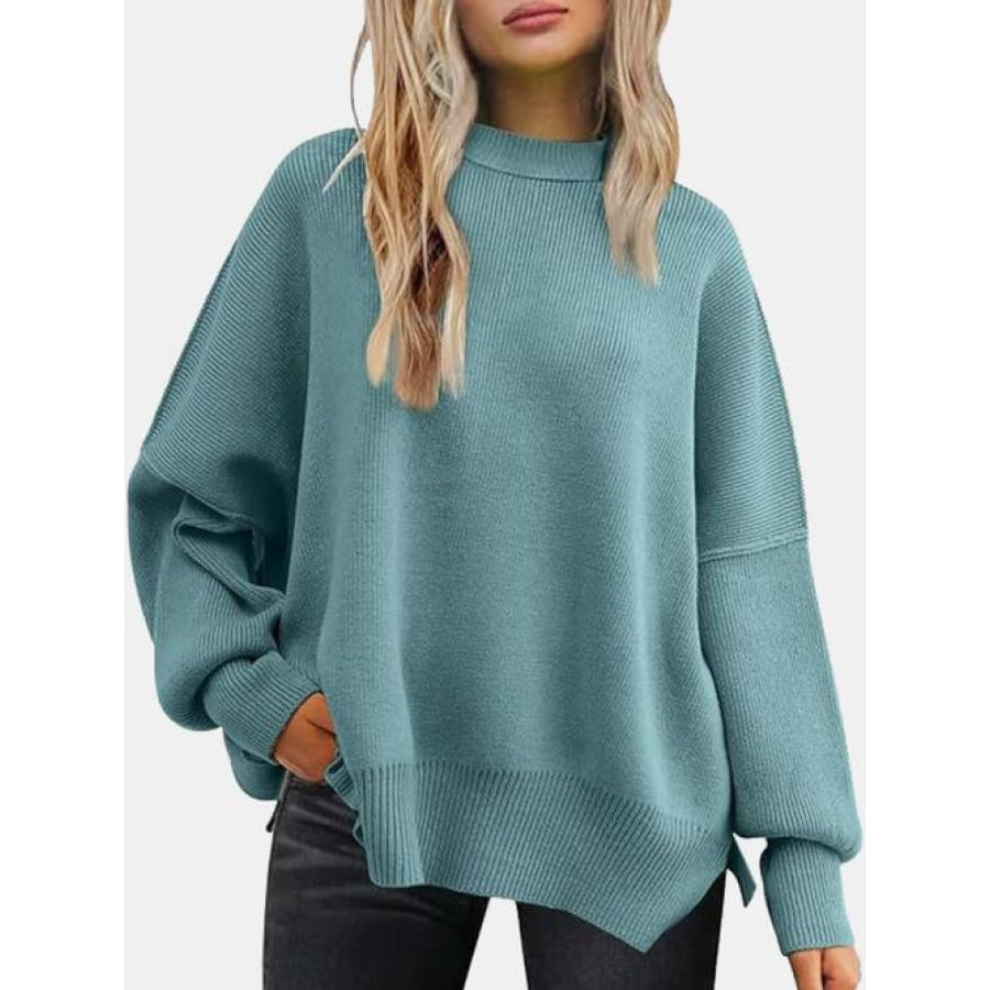 Round Neck Drop Shoulder Slit Sweater Turquoise / S