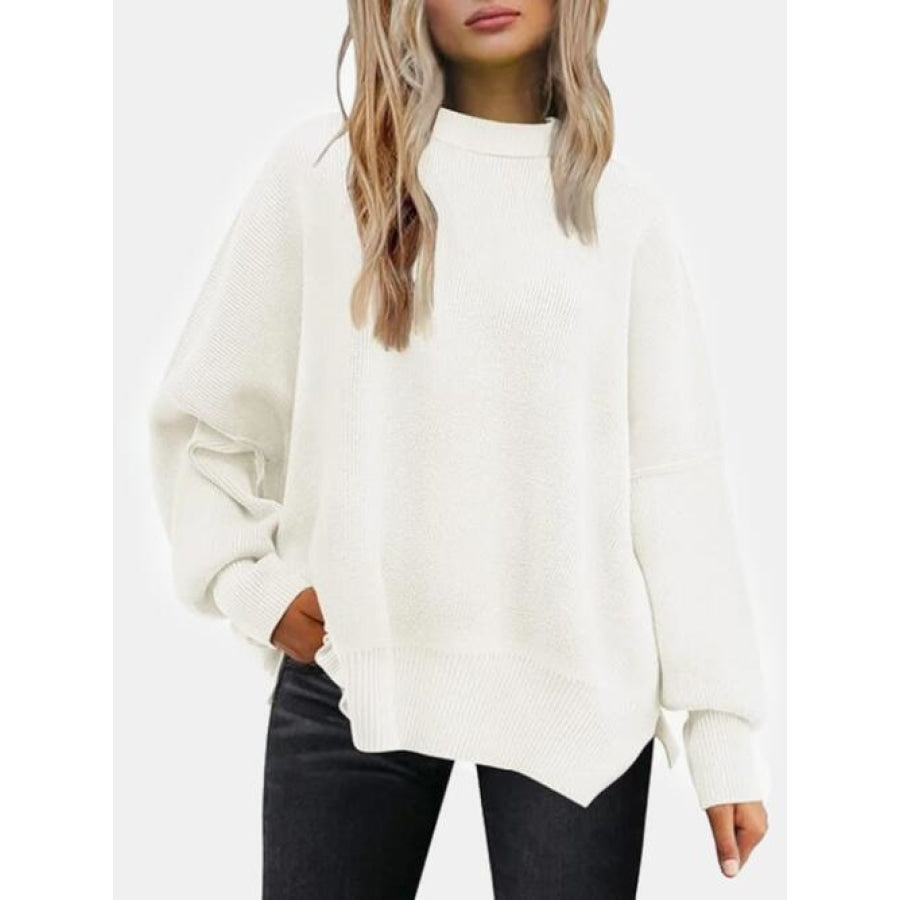 Round Neck Drop Shoulder Slit Sweater White / S