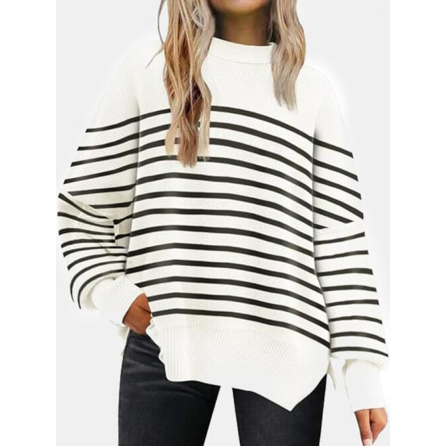 Round Neck Drop Shoulder Slit Sweater white stripes / S