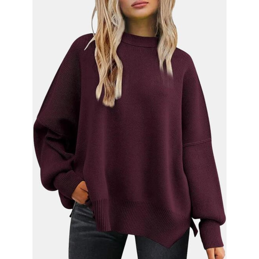 Round Neck Drop Shoulder Slit Sweater Wine / S