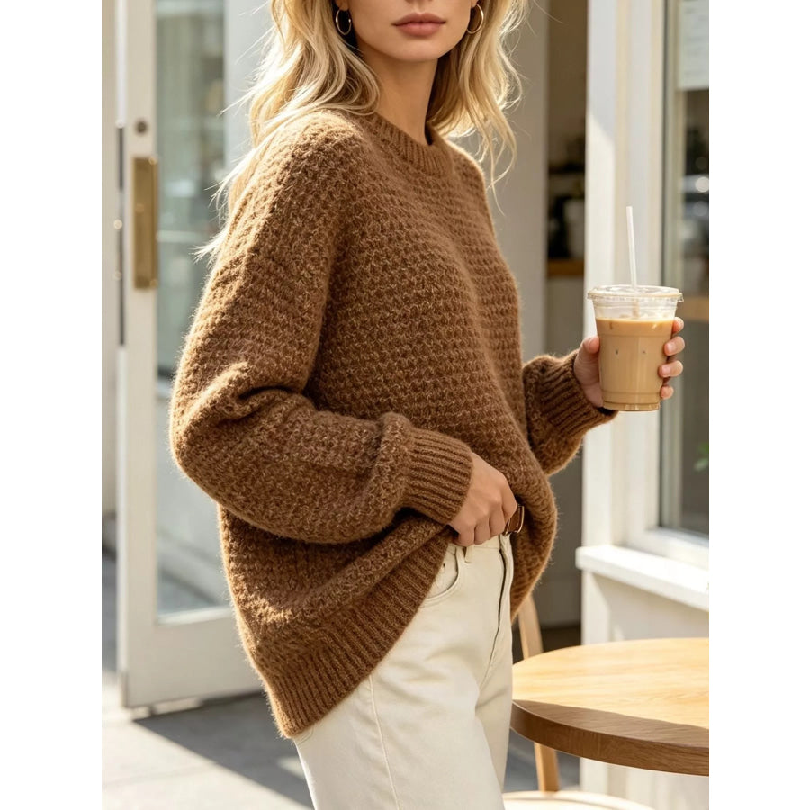 Round Neck Drop Shoulder Sweater Apparel and Accessories