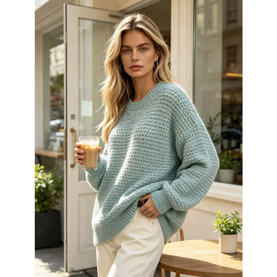 Round Neck Drop Shoulder Sweater Apparel and Accessories