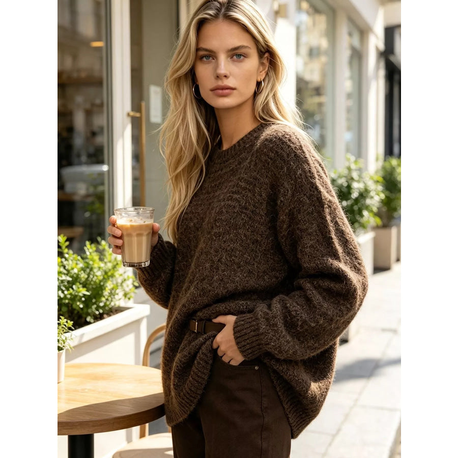Round Neck Drop Shoulder Sweater Apparel and Accessories