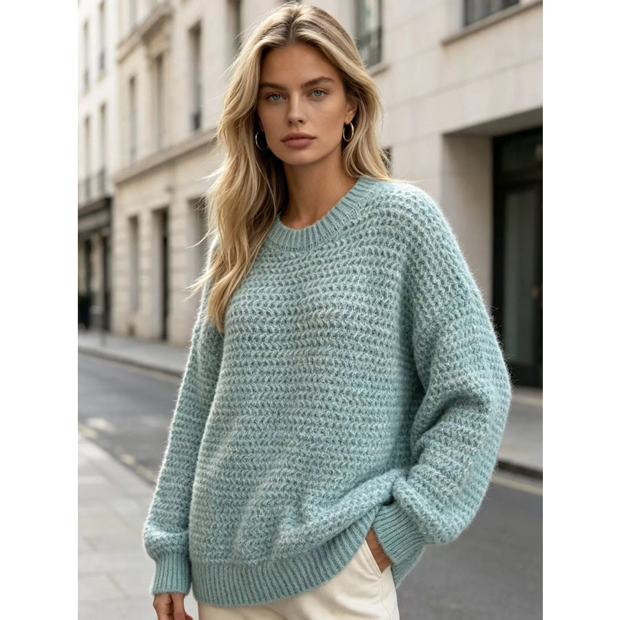 Round Neck Drop Shoulder Sweater Blue / S Apparel and Accessories